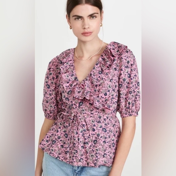 NWT Roller Rabbit Rose Pink Cluny Brita Floral Ruffle Wrap Blouse Top size XL - Picture 1 of 5